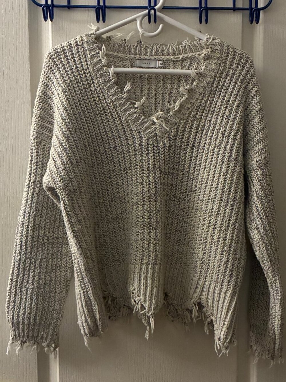 Lush Distressed V-Neck Ribbed Knit Sweater